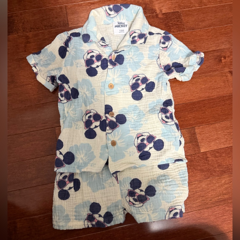Disney Mickey Mouse Blue and White summer shirt and short set size 18 months